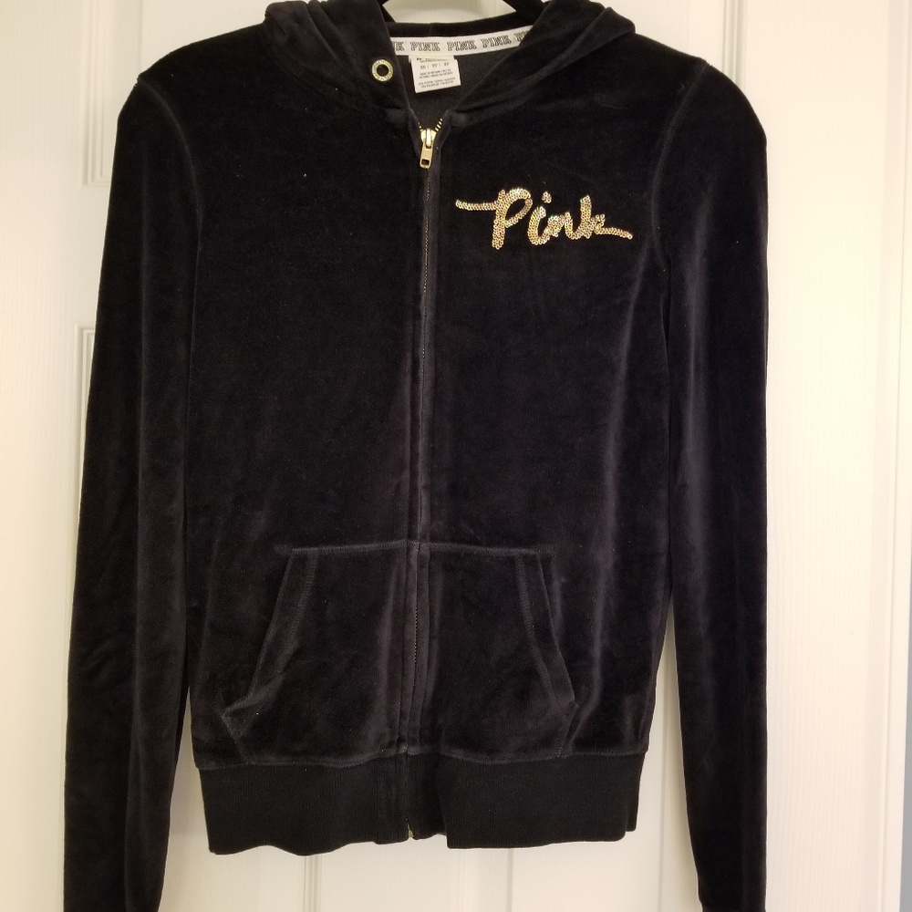 VS Pink black velour bling gold sequin hoodie XS